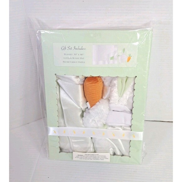 Bunnies In The Garden Baby Gift Set Blanket Plush Rattle Hat 3 Piece New - Picture 1 of 4